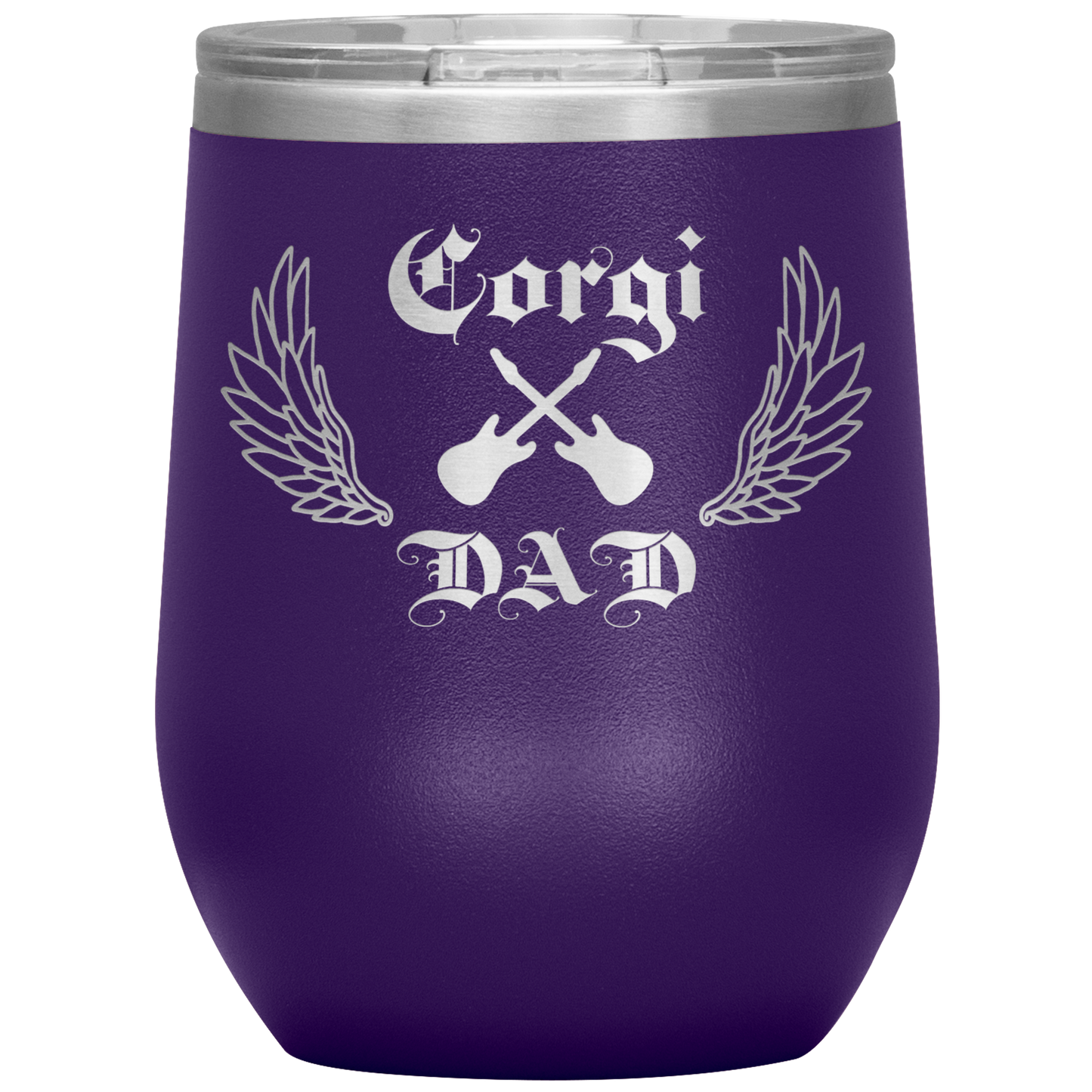 An insulated tumbler with the text "Corgi Dad" in a gothic style font with guitars and wings. The tumbler is purple.