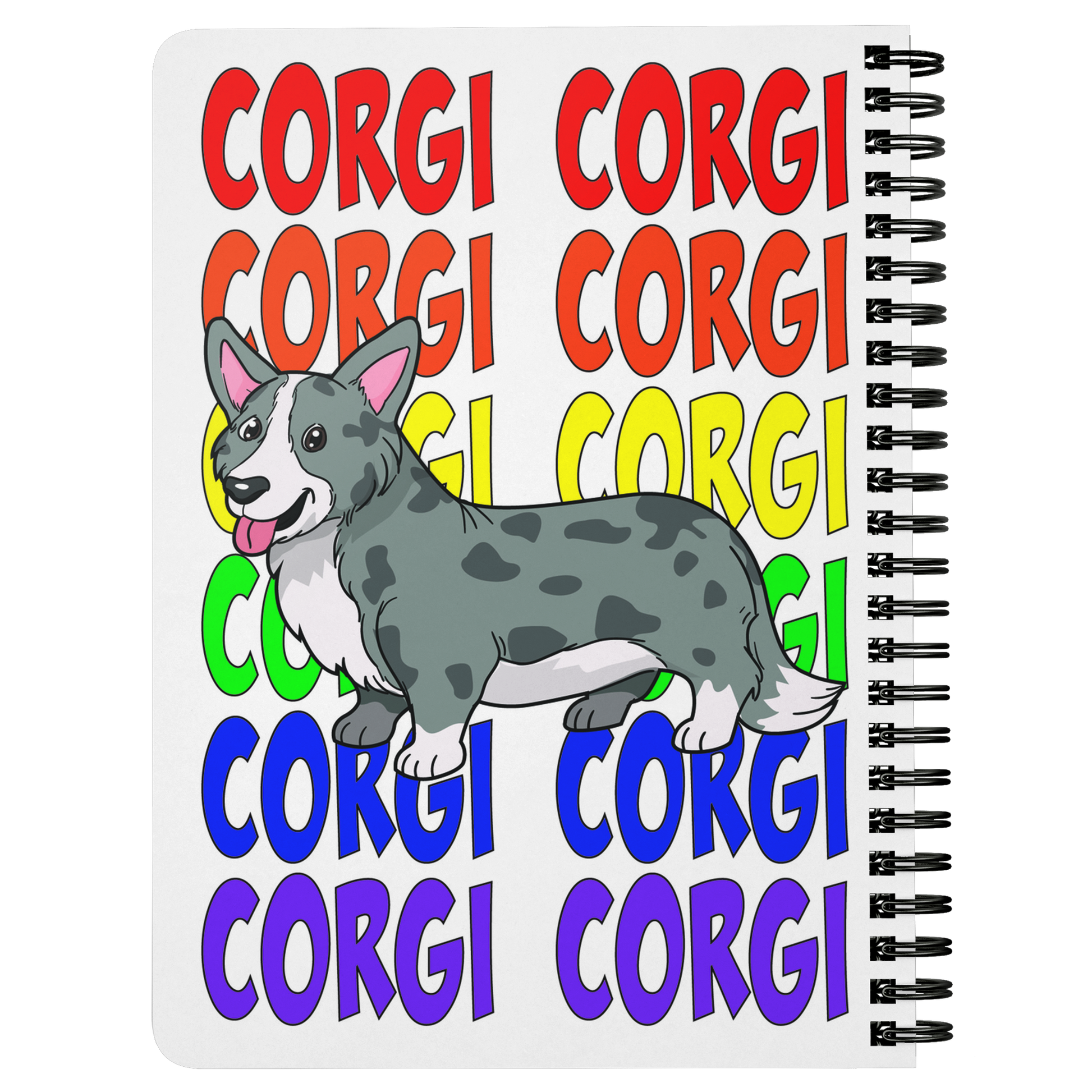 Journal with a cardigan corgi and the text "corgi" in rainbow colors, showing the back.