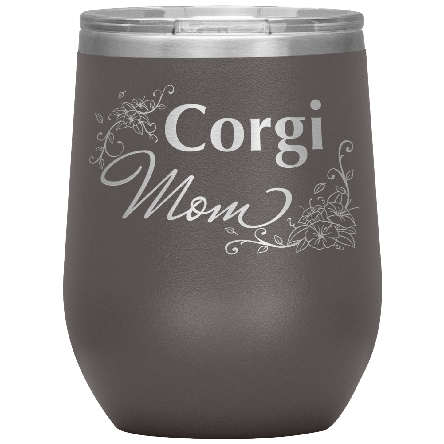 A pewter 12oz tumbler with the text "Corgi Mom" in a flowery font.