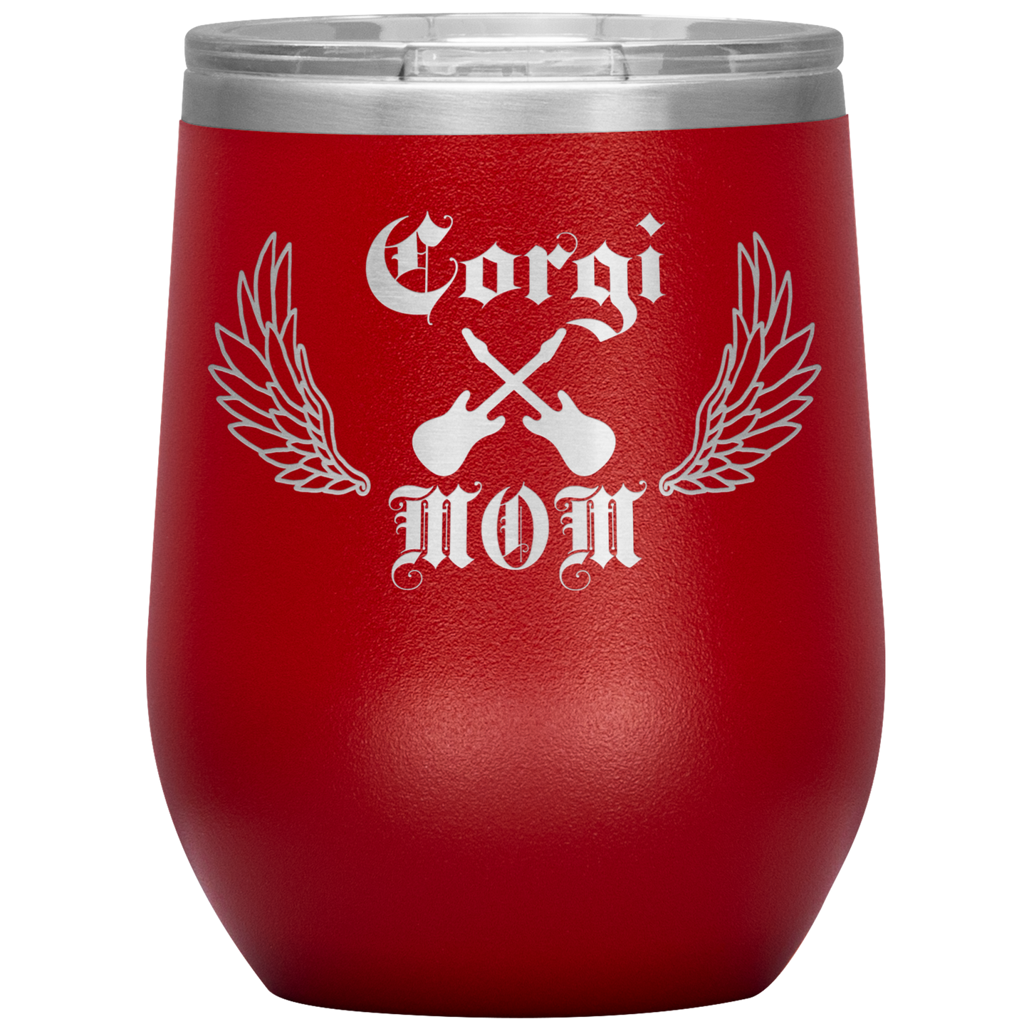 An insulated tumbler with the text "Corgi Mom" in a gothic style font with guitars and wings. The tumbler is red.