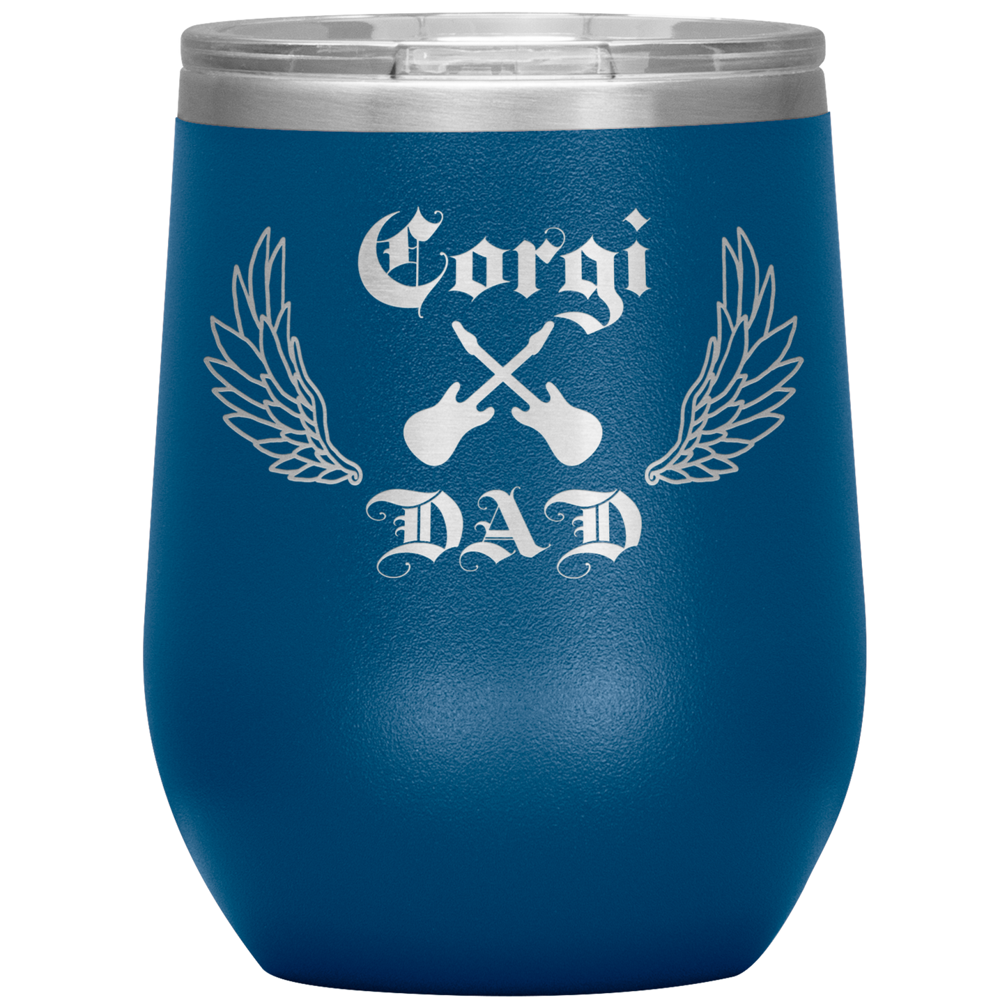 An insulated tumbler with the text "Corgi Dad" in a gothic style font with guitars and wings. The tumbler is blue.