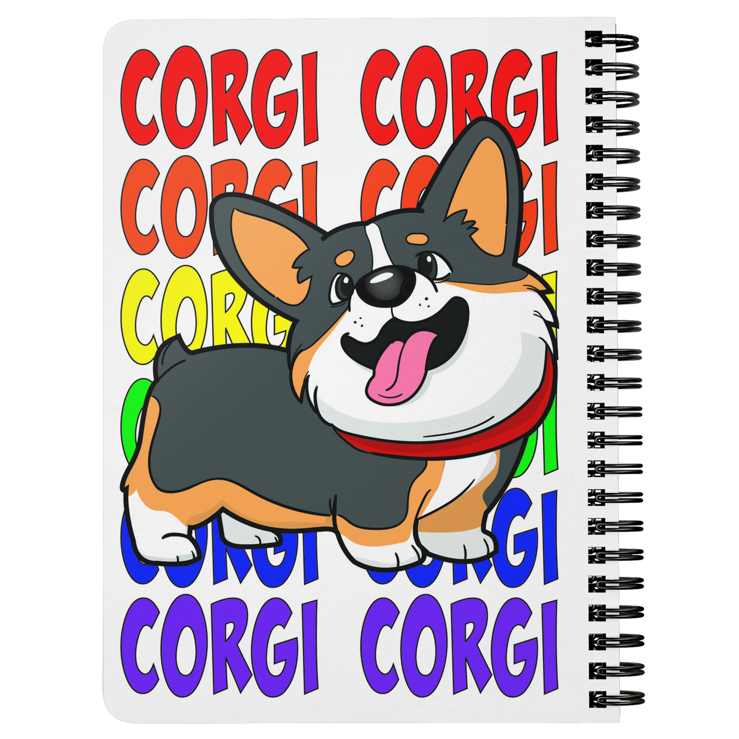 Journal with a cardigan corgi and the text "corgi" in rainbow colors, showing the back.