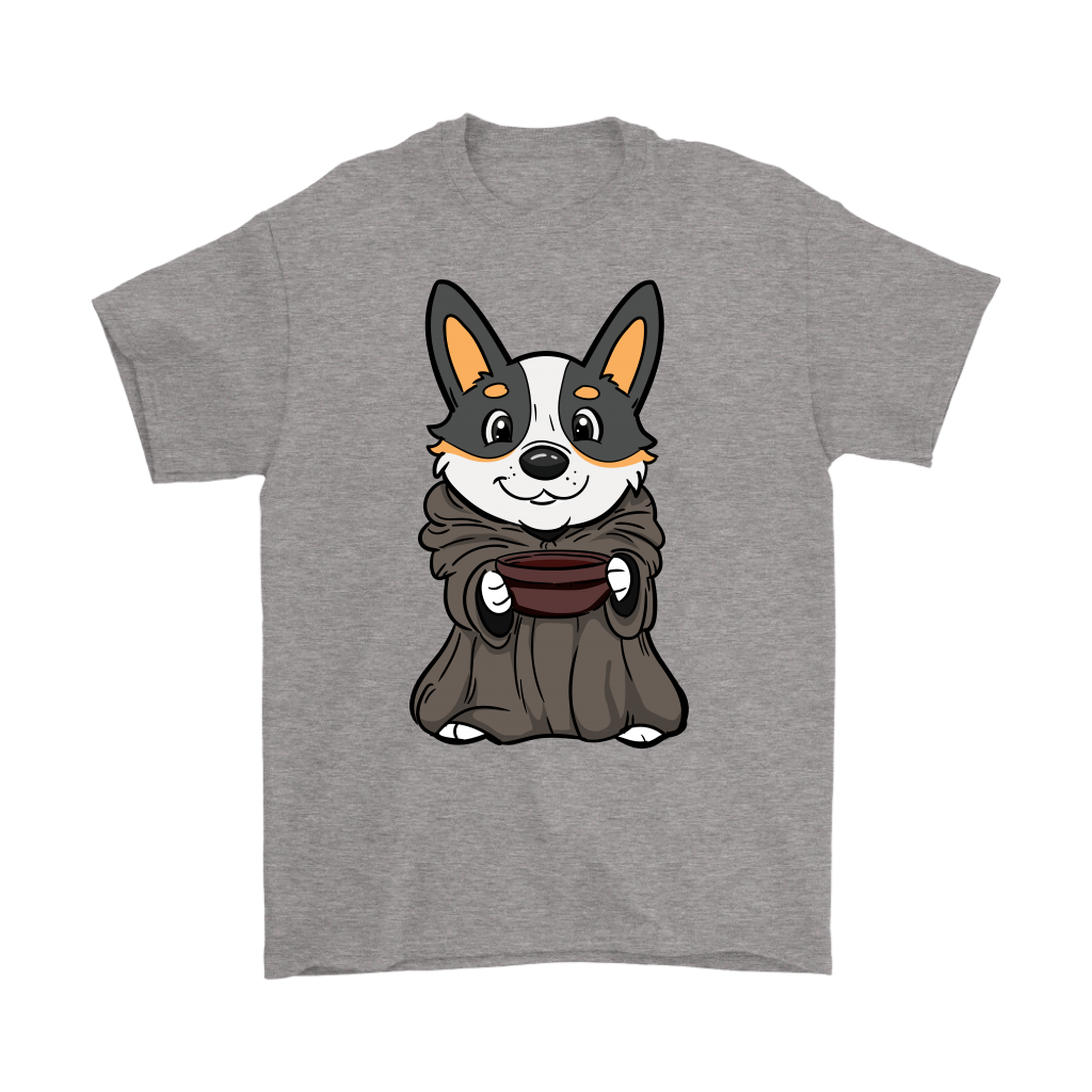 Cute corgi dressed as baby yoda - heather colored shirt