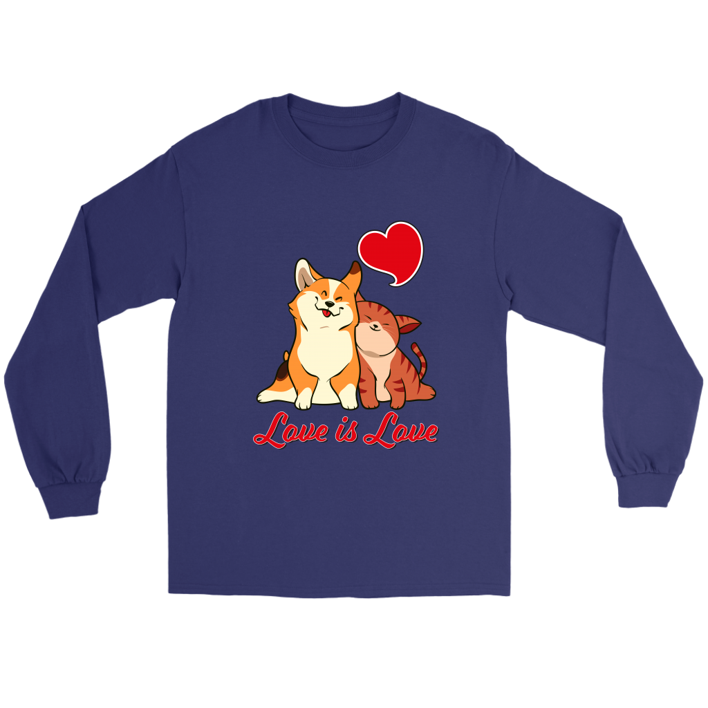 A flat lay of a dark blue long sleeved t shirt. The design of the shirt is a tricolor corgi snuggling a cat with red text underneath them that says "Love is love" with another red heart above their heads. 