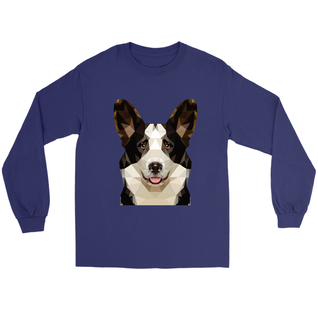  A flat lay of a dark blue long sleeved t shirt with a polygonal cardigan corgi's face on it.