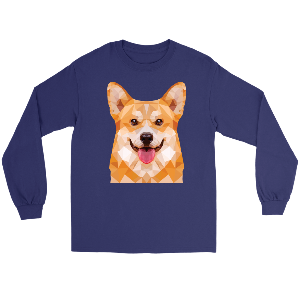 A flat lay of a long sleeved dark blue t shirt. The design of the shirt is polygonal pembroke corgi.