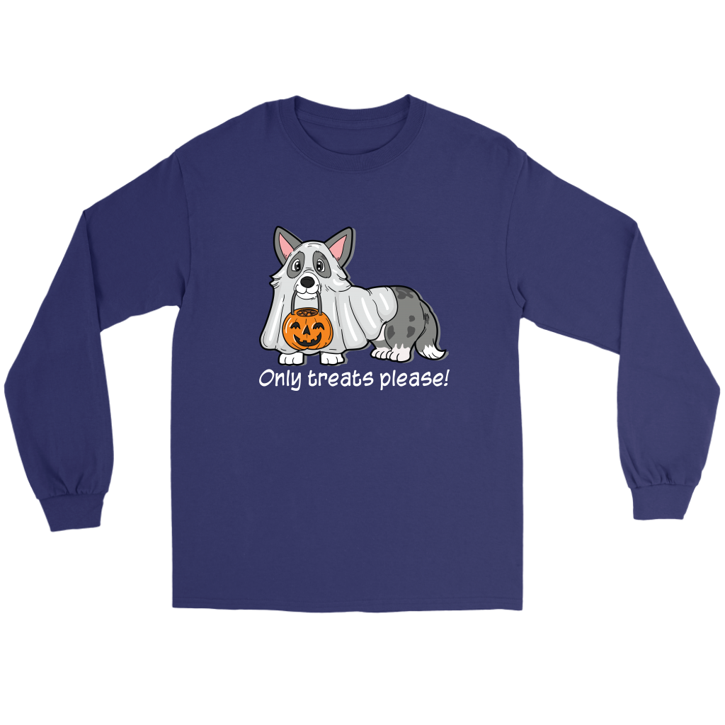 A flat lay of a long sleeved t shirt. The  design on the shirt shoes a cardigan corgi dressed up as a ghost. The corgi has a pumpkin-shaped trick or treat bucket hanging from it's mouth. The text underneath says "Only treats please!" The shirt is dark blue. 