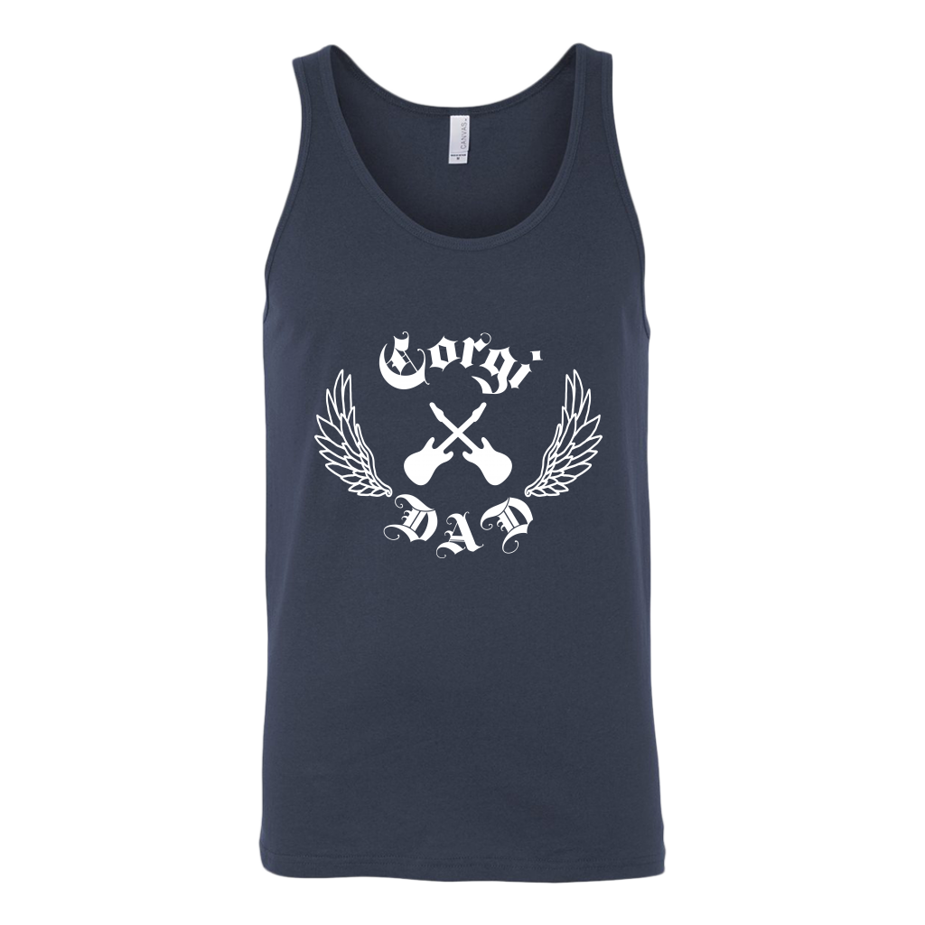 A unisex tank top with the text "Corgi Dad" done in a rock and roll style with crossed guitars. The tank top is navy blue. 