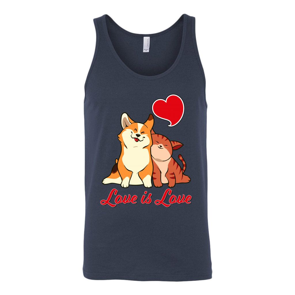 A unisex tank top with a corgi snuggling a cat. The text says "Love is Love" and the tank top is navy blue.