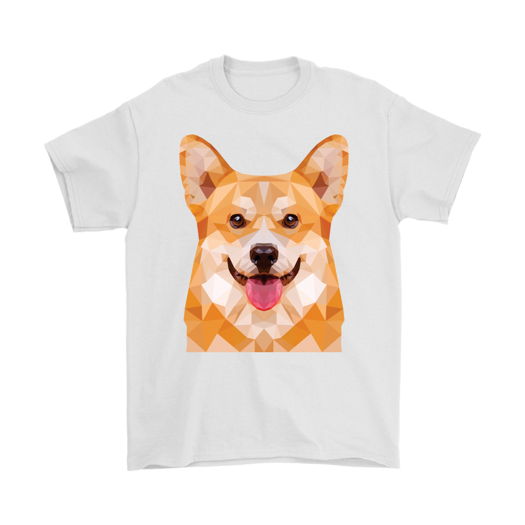 Polygonal fawn corgi face shirt, in white.