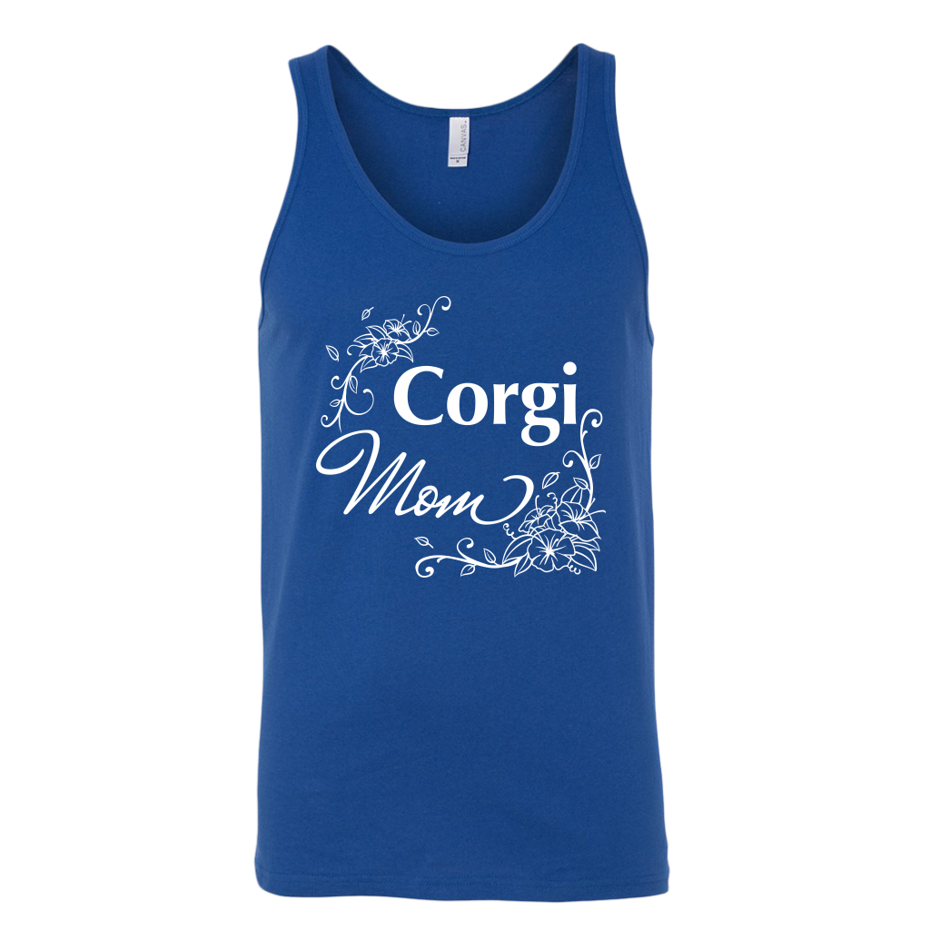 A unisex tank top with the text "Corgi Mom" in flowery text. The tank top is blue.