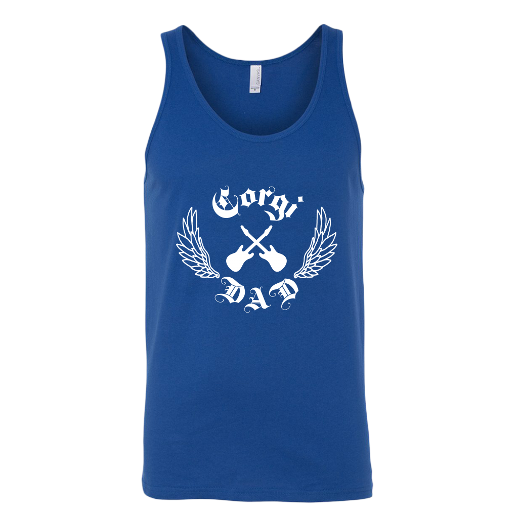 A unisex tank top with the text "Corgi Dad" done in a rock and roll style with crossed guitars. The tank top is blue. 