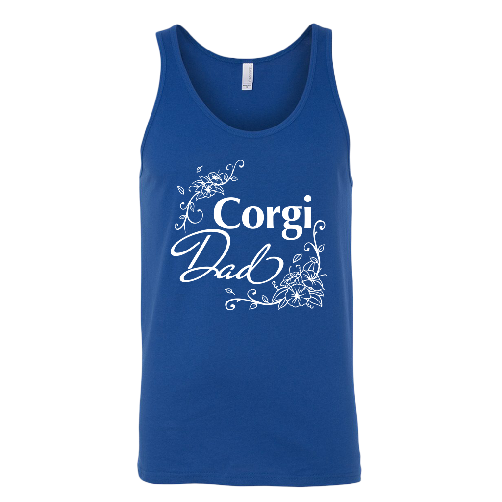 A unisex tank top with the text "Corgi Dad" in flowery text. The tank top is blue.