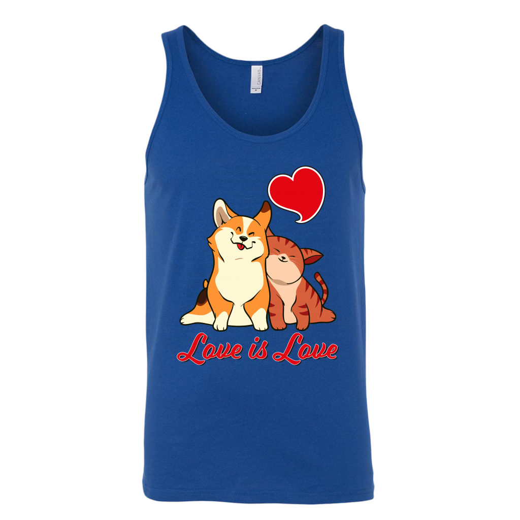 A unisex tank top with a corgi snuggling a cat. The text says "Love is Love" and the tank top is blue.