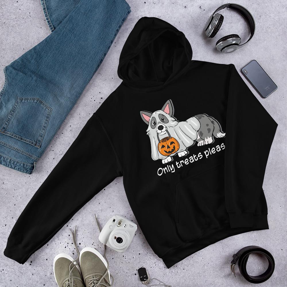 A black hoodie with a cardigan corgi in a ghost costume, with the text "Only tricks please!" 