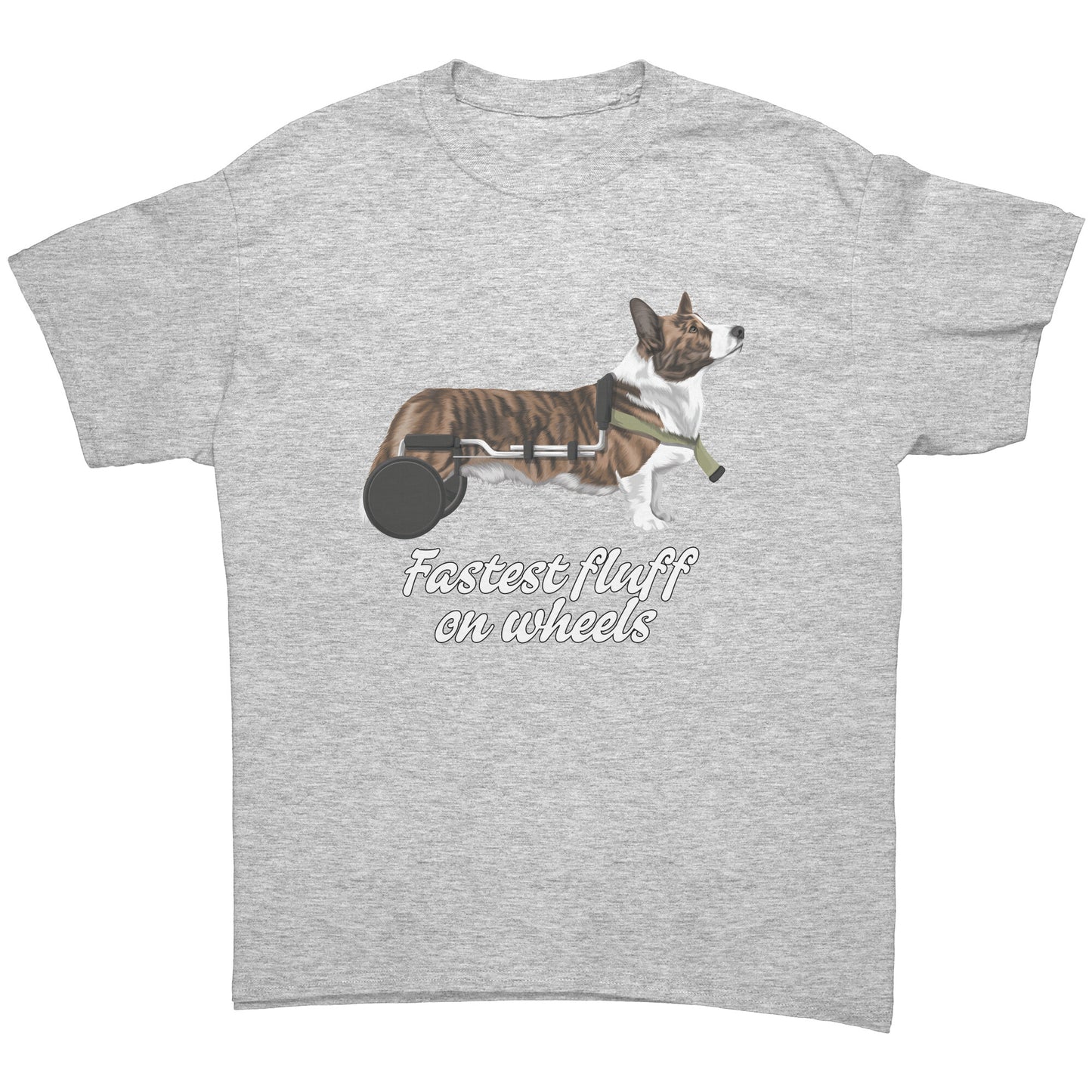 A flat lay of a t shirt, design on the shirt has a cardigan corgi in a wheelchair. The text says "Fastest fluff on wheels". The shirt is sport grey colored.