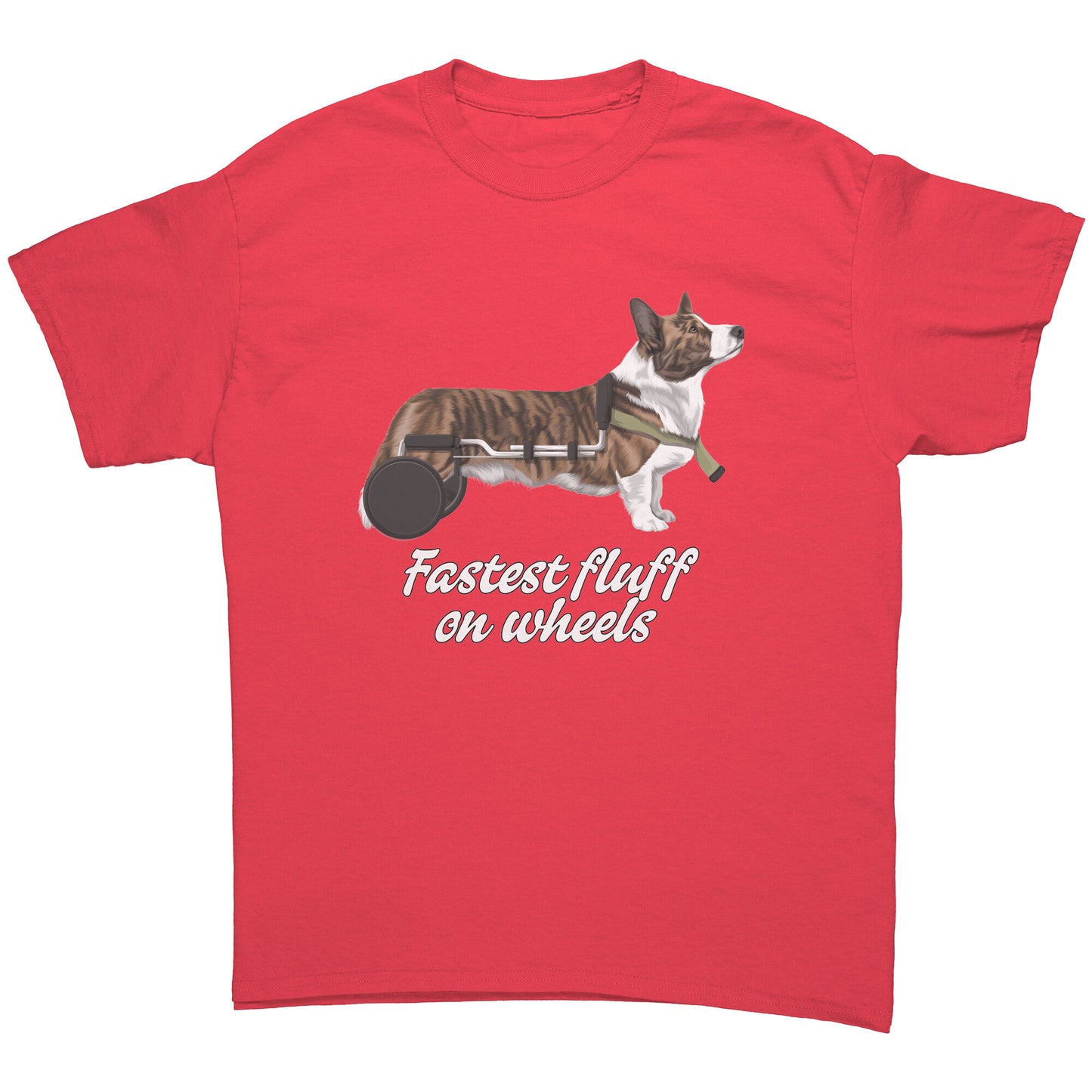 A flat lay of a t shirt, design on the shirt has a cardigan corgi in a wheelchair. The text says "Fastest fluff on wheels". The shirt is coral pink colored.