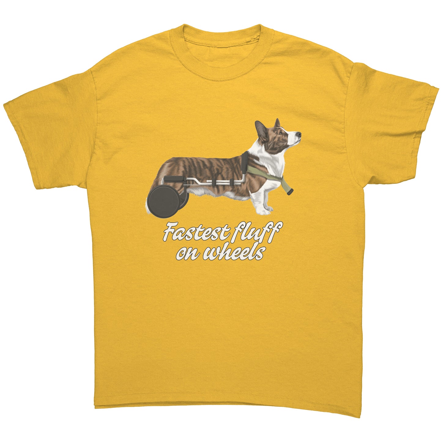 A flat lay of a t shirt, design on the shirt has a cardigan corgi in a wheelchair. The text says "Fastest fluff on wheels". The shirt is daisy colored.