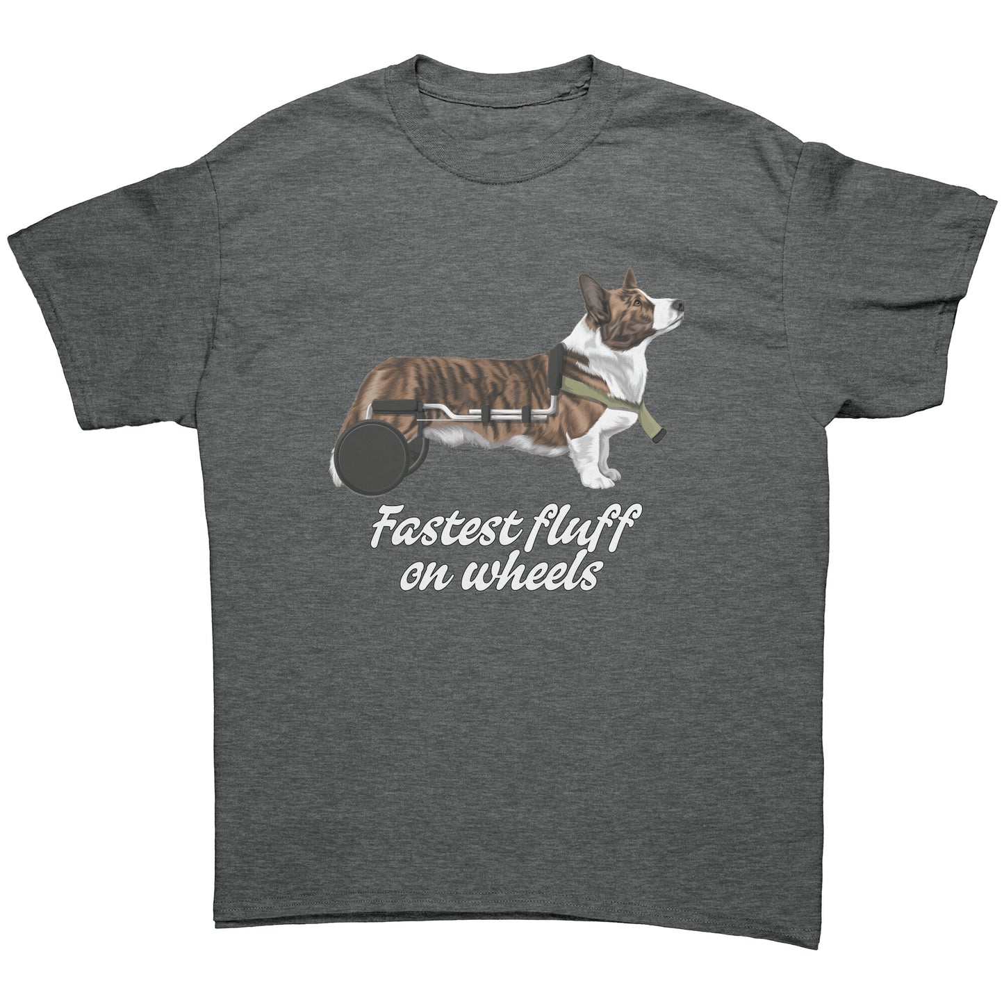 A flat lay of a t shirt, design on the shirt has a cardigan corgi in a wheelchair. The text says "Fastest fluff on wheels". The shirt is dark grey colored.