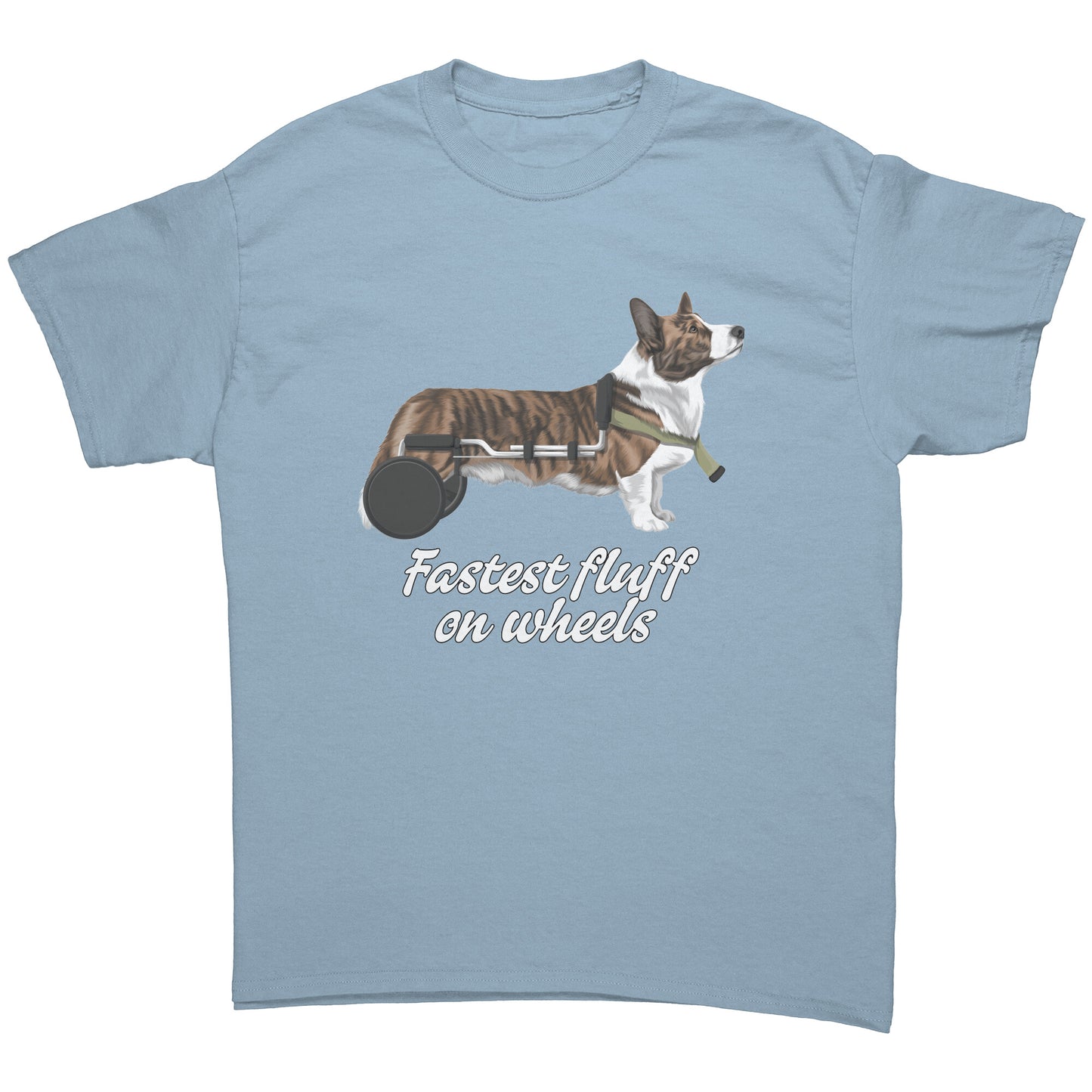 A flat lay of a t shirt, design on the shirt has a cardigan corgi in a wheelchair. The text says "Fastest fluff on wheels". The shirt is light blue colored.