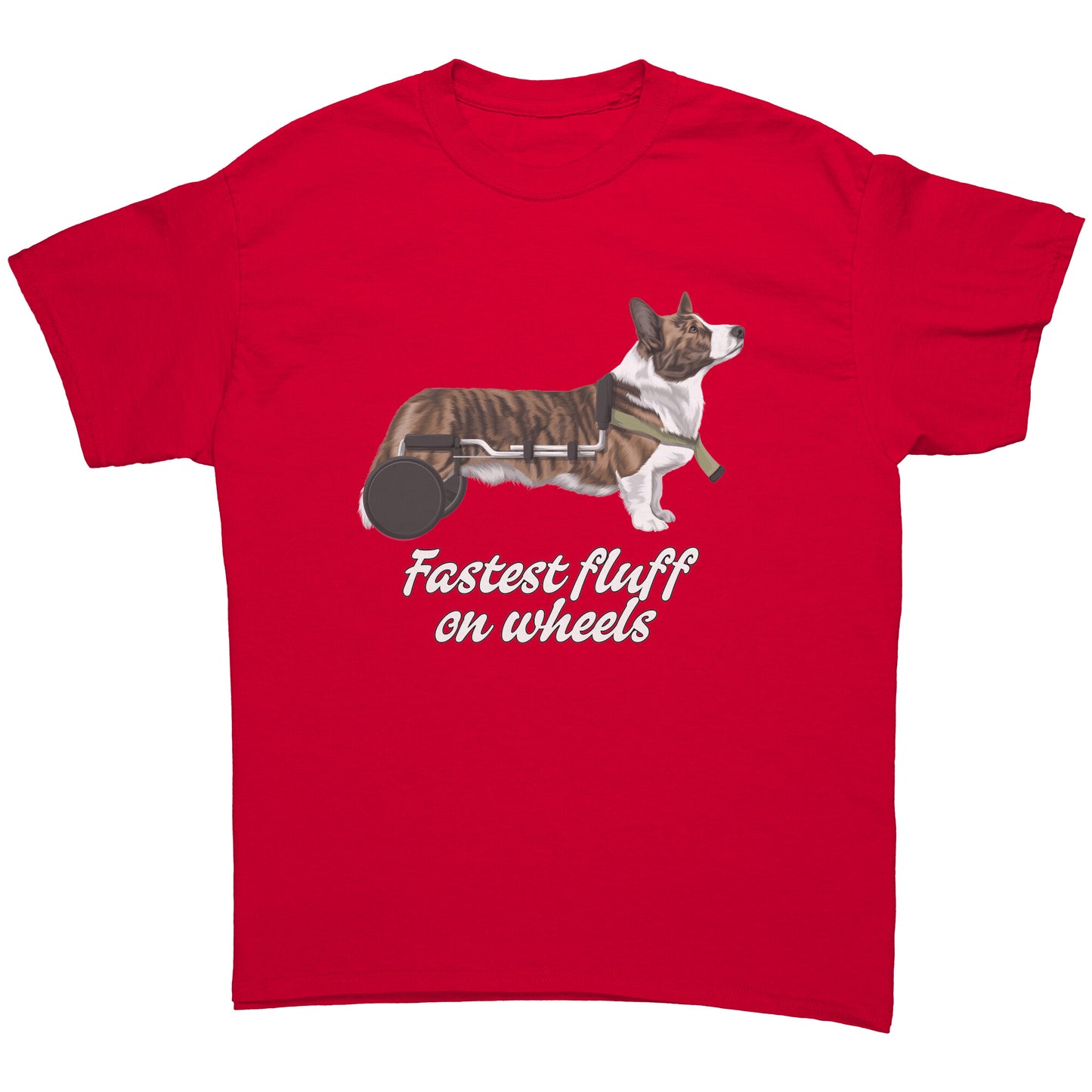 A flat lay of a t shirt, design on the shirt has a cardigan corgi in a wheelchair. The text says "Fastest fluff on wheels". The shirt is red colored.