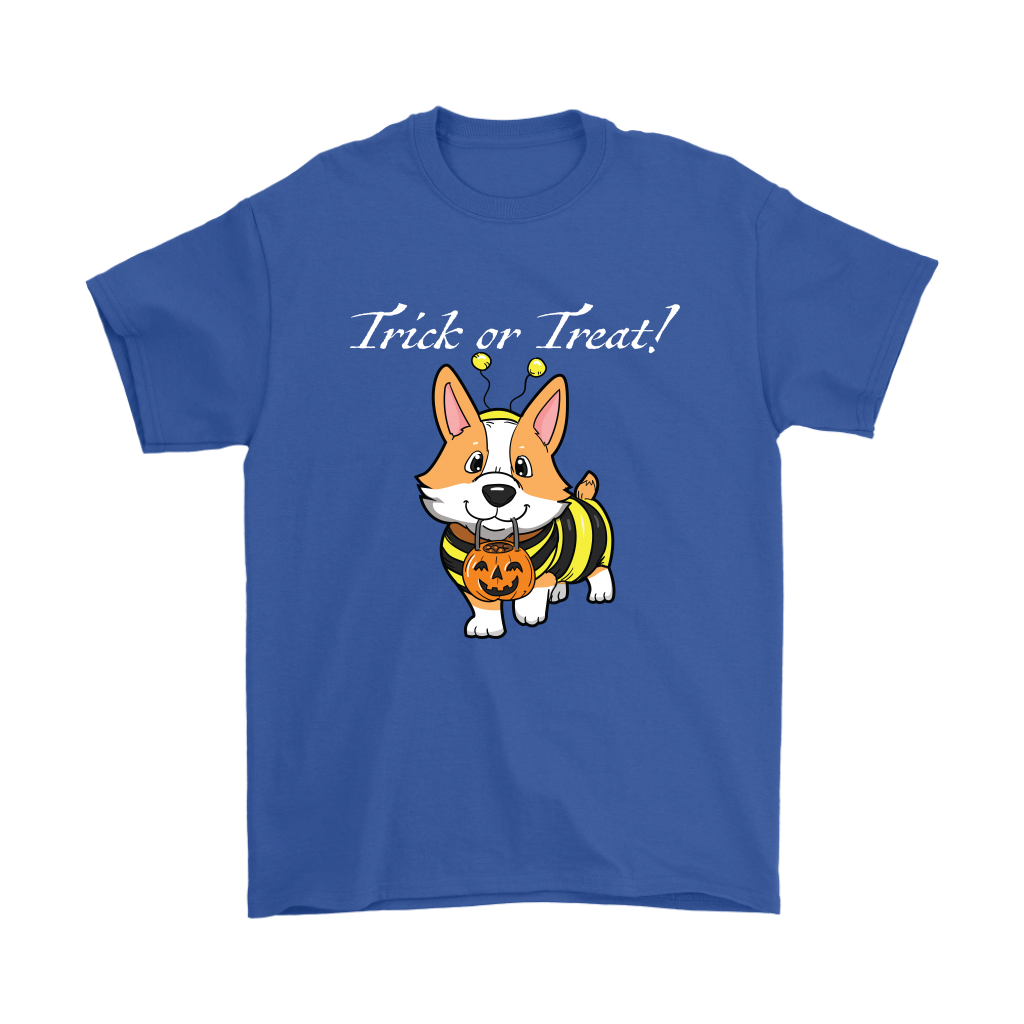 A shirt with a fawn corgi wearing a bumblebee costume with the text "Trick or Treat!". Shirt is blue.