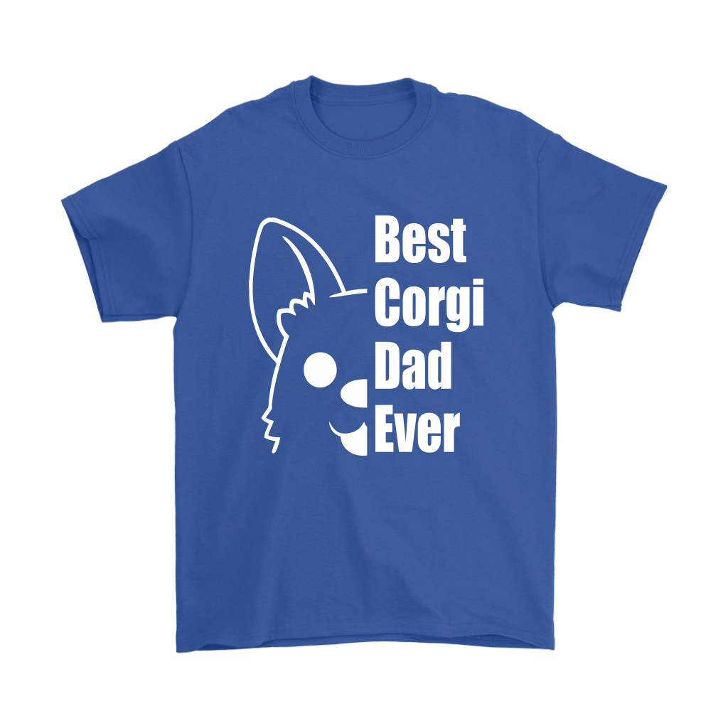 Blue shirt with half of a corgi's face and the text "Best corgi dad ever"