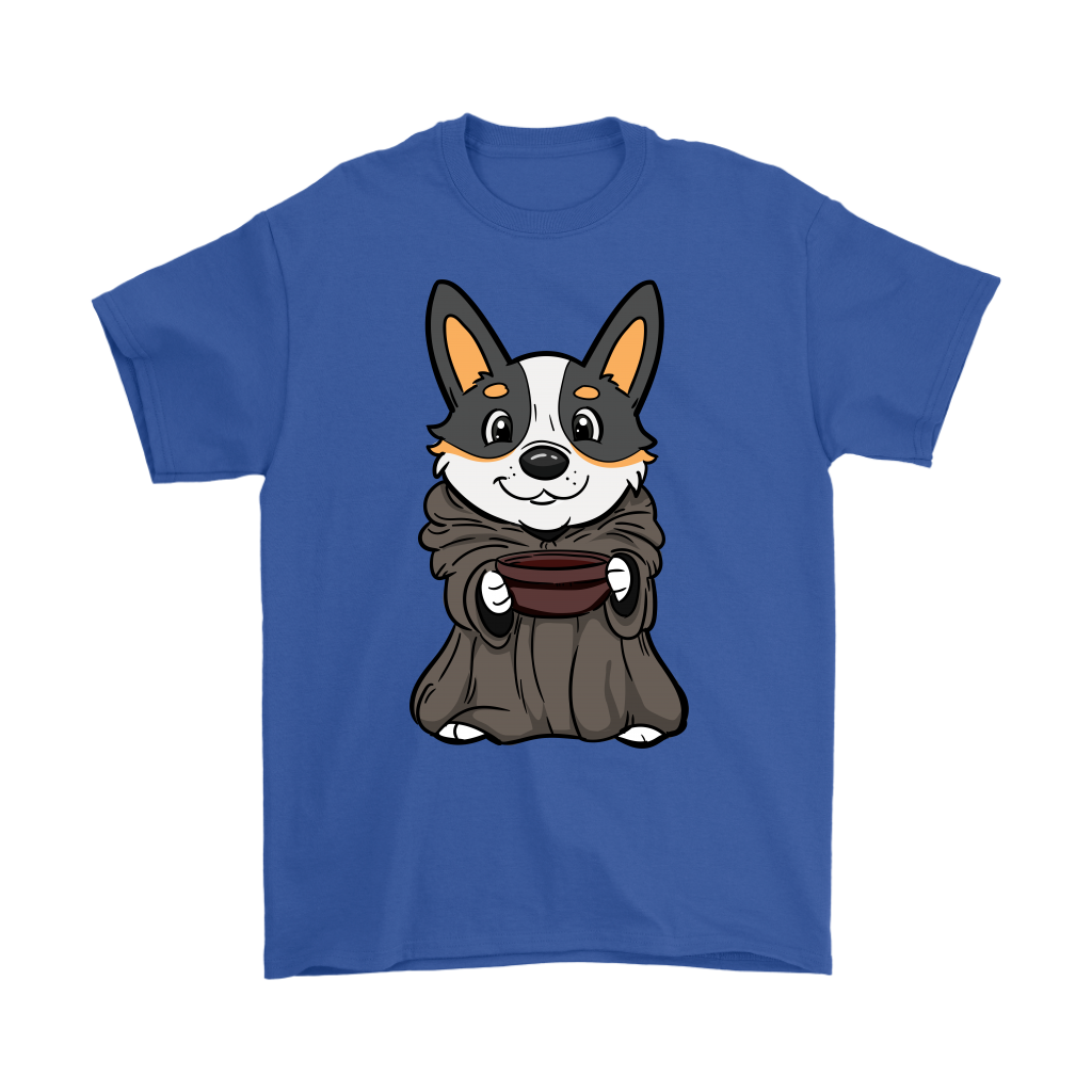 Cute corgi dressed as baby yoda - bright blue shirt