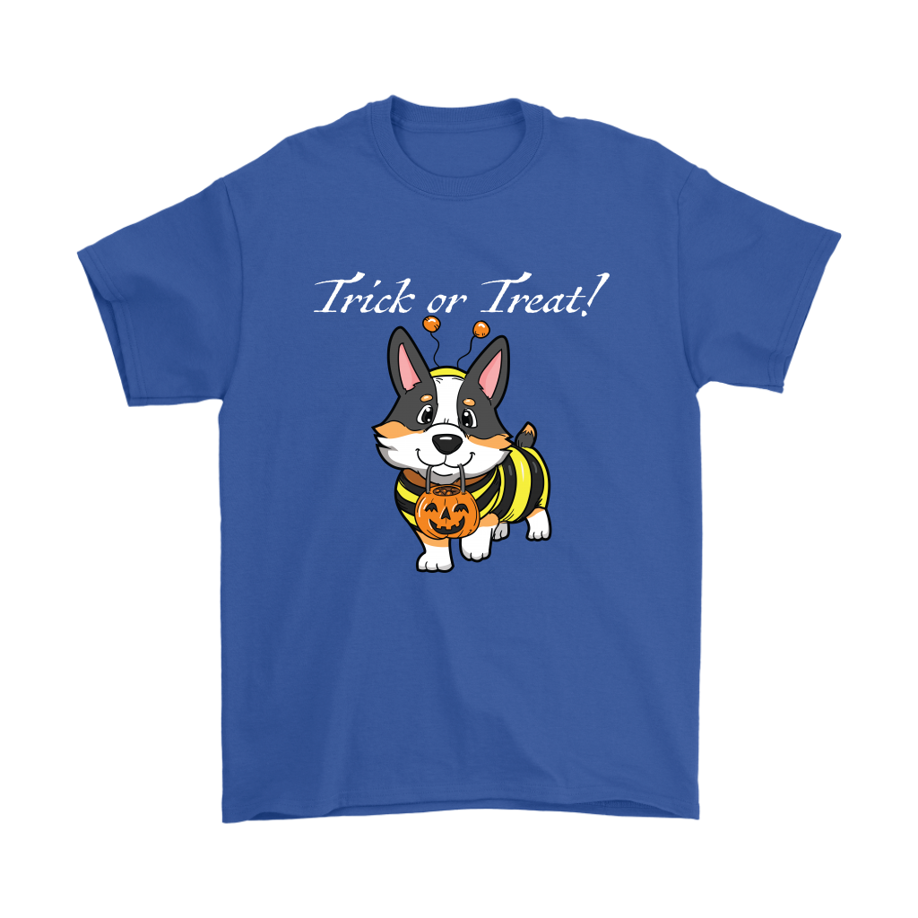 A t shirt with a tricolor corgi wearing a bumblebee costume. The text says "Trick or Treat" and the shirt is blue.