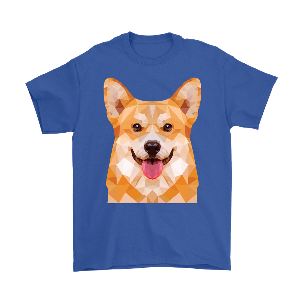 Polygonal fawn corgi face shirt, in royal blue.