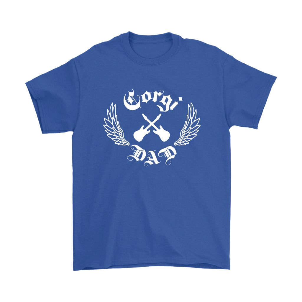 A blue shirt with the text "Corgi Dad" in a gothic style font with guitars and wings.