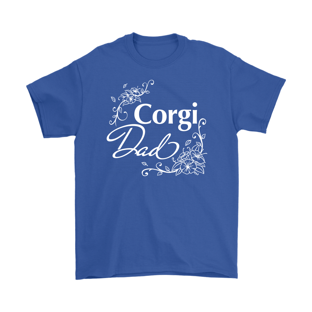 "Corgi Dad" shirt in blue. The text has a flowery font.