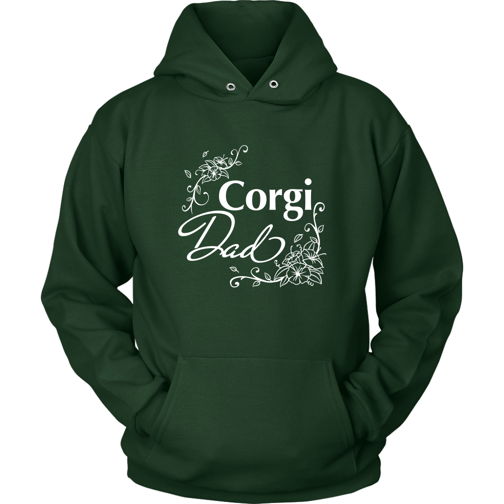 A hoodie with the text "Corgi Dad" and flower line designs. The hoodie is dark green.