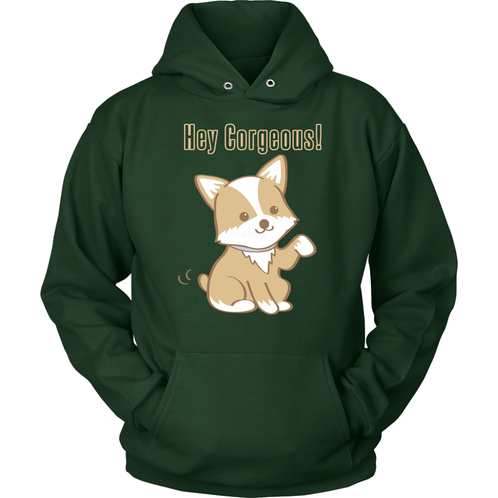 A hoodie with the text "Hey Corgeous!" and a waiving corgi. The hoodie is dark green. 