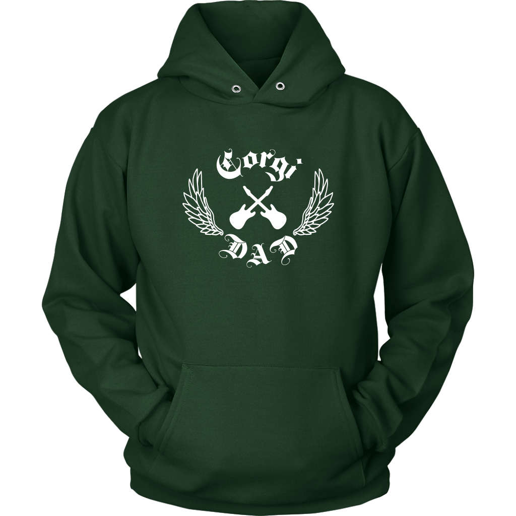 A flat lay of a green hooded sweatshirt. The design on the hoodie is crossed electric guitars, lined wings, and "Corgi Dad" in old english font. 