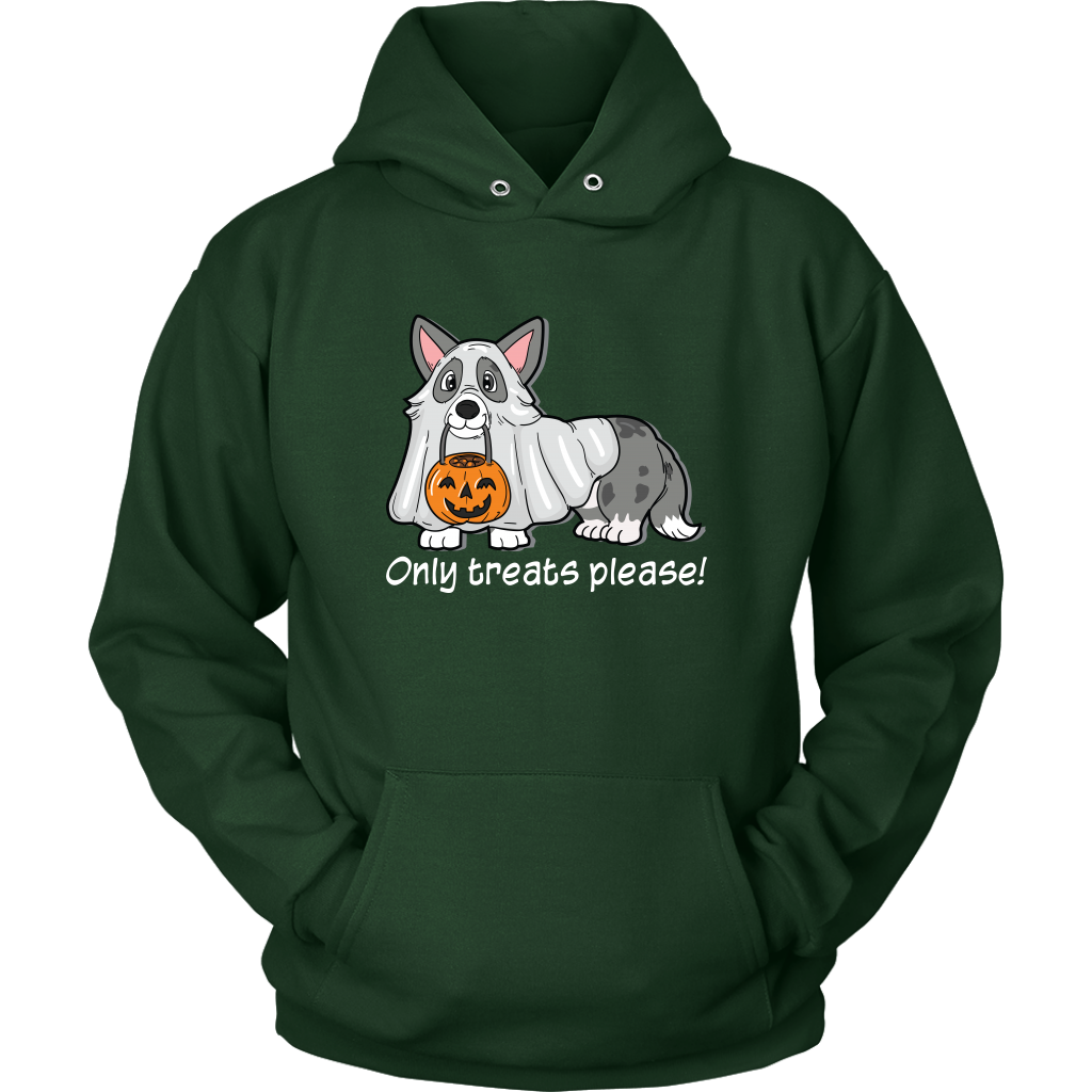 A dark green hoodie with a cardigan corgi in a ghost costume, with the text "Only tricks please!" 