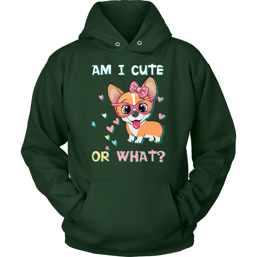 A hoodie with the text "Am I cute or What?" with a picture of an adorable, smiling corgi. The hoodie is dark green.