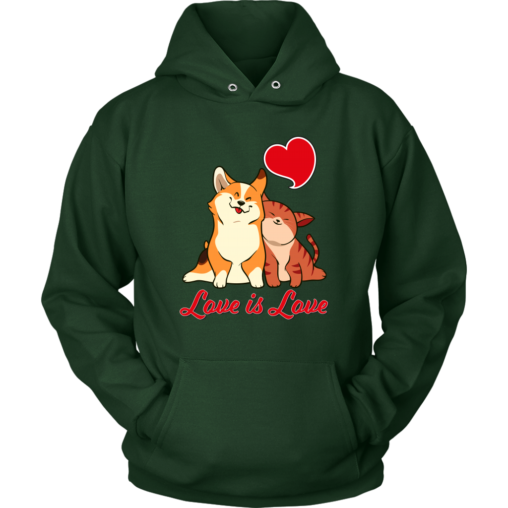 Our "Love is Love" hoodie in dark green. 