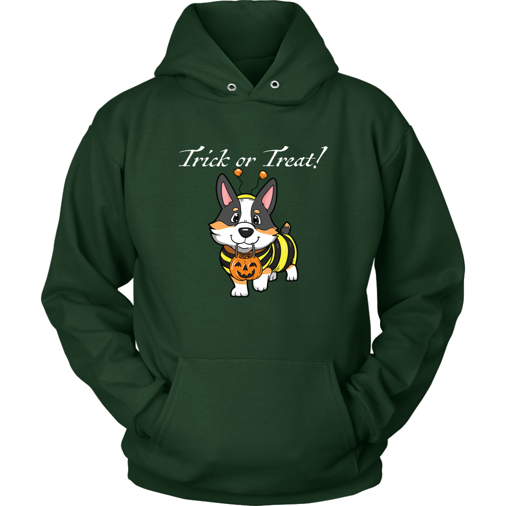 The design is a tricolor corgi wearing a bumblebee costume with the text "Trick or Treat". The hoodie is green.