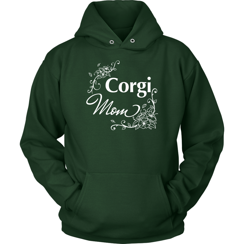 A hoodie with the text "Corgi Mom" and flower line designs. The hoodie is dark green. 