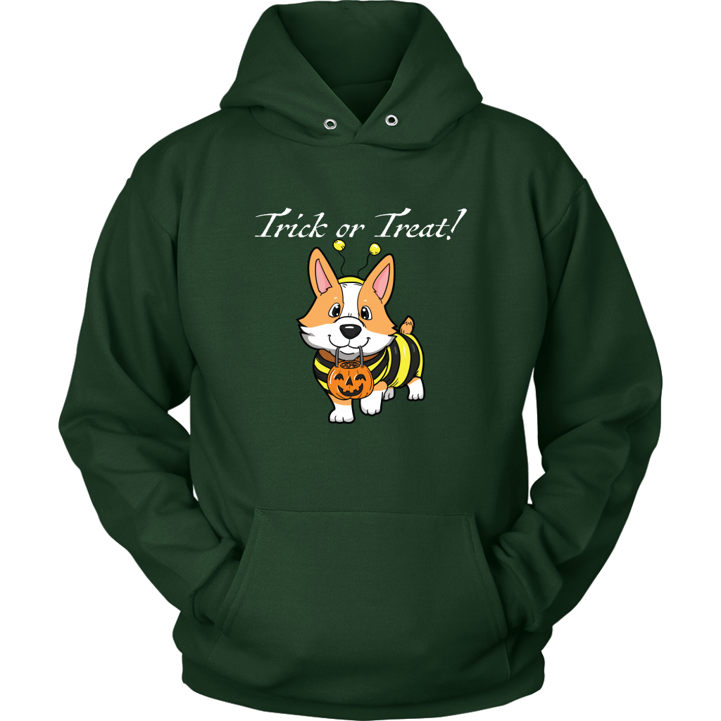 A hoodie with a fawn corgi wearing a bumblebee costume with the text "Trick or Treat!". Hoodie is dark green. 