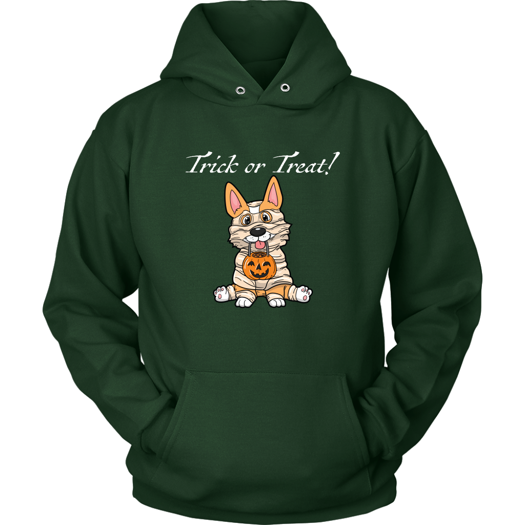 A image of a fawn corgi dressed up as a mummy with the text "trick or treat". The hoodie is dark green.