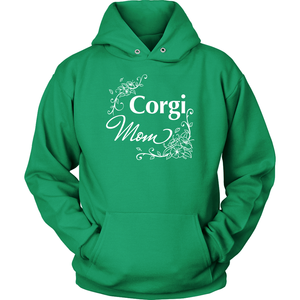 A hoodie with the text "Corgi Mom" and flower line designs. The hoodie is green. 