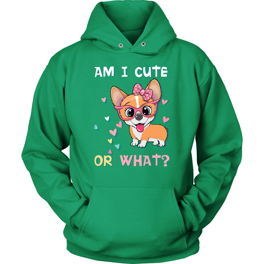 A hoodie with the text "Am I cute or What?" with a picture of an adorable, smiling corgi. The hoodie is green.