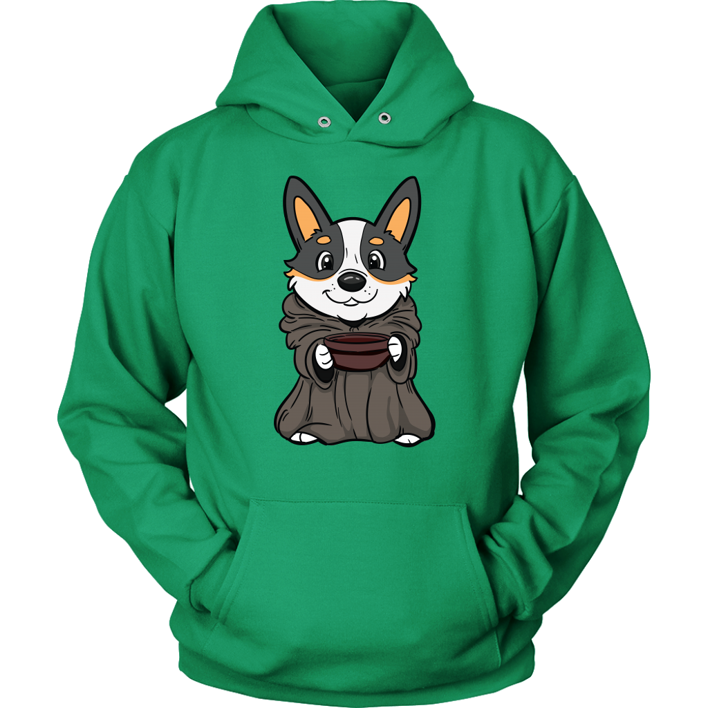 Cute corgi dressed as baby yoda - bright green hoodie