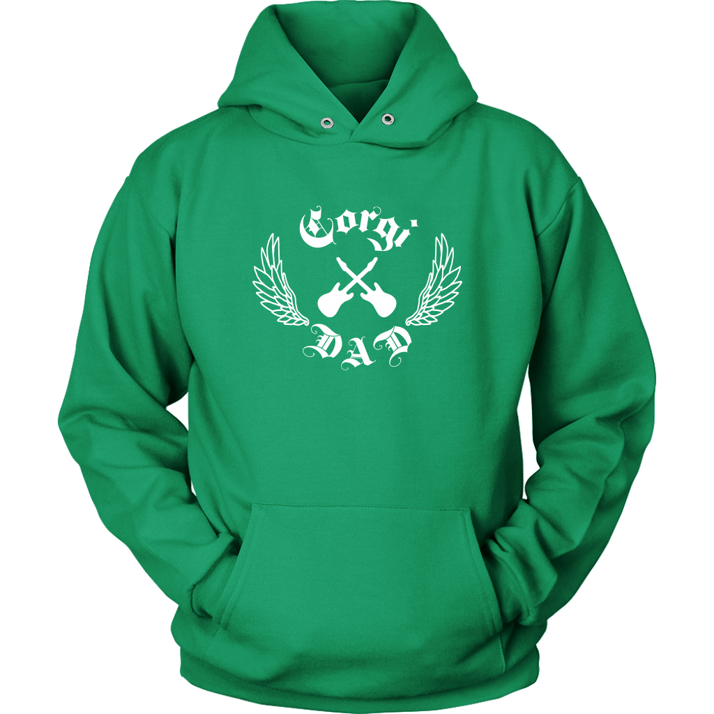 A flat lay of a green hooded sweatshirt. The design on the hoodie is crossed electric guitars, lined wings, and "Corgi Dad" in old english font. 