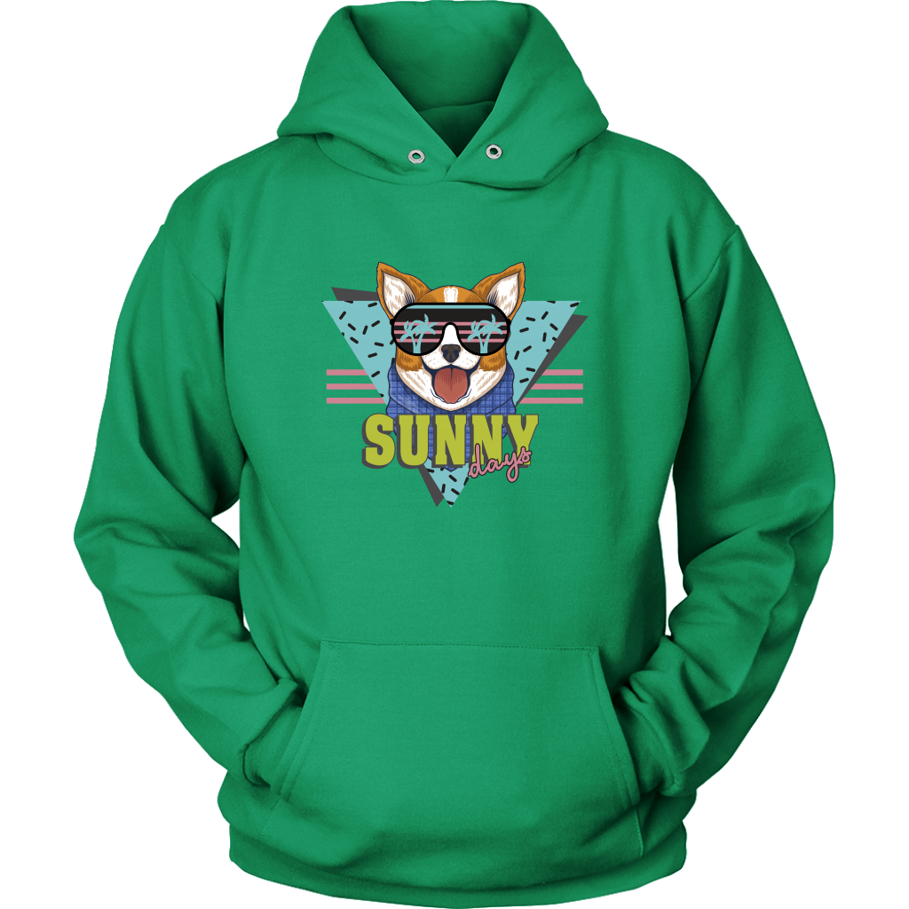 A flat lay of a hoodie with the text "Sunny Days" and a corgi in sunglasses. The hoodie is green colored.