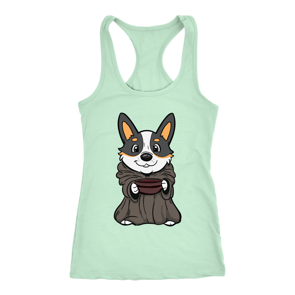 A racerback tank top with a picture of a corgi dressed as baby yoda. The tank is mint-green. 