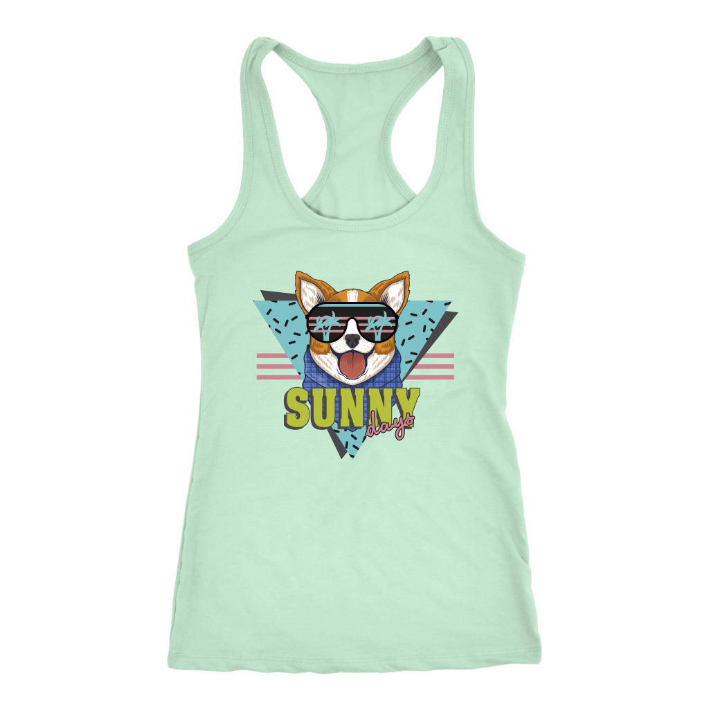 A racerback tank top with the text "Sunny Days" with a corgi's face above to the text. The tank top is mint green.