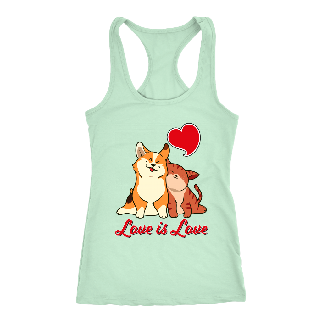 a racerback tank top with a corgi snuggling a cat. The text says "Love is Love" and the tank top is mint-gree.